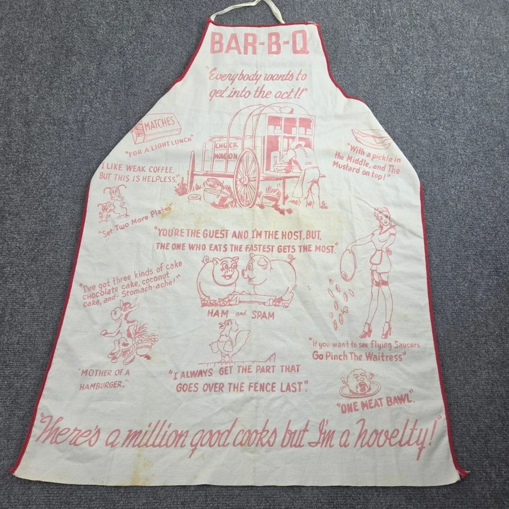 Vintage 50s BAR-B-Q Novelty Apron Red White Chuck Wagon Kitsch Mid Century BBQ